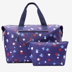 Weekender Bag 2 pc Set with Heart & Star Pattern. Tote Bag & Cosmetics Bag. NWT